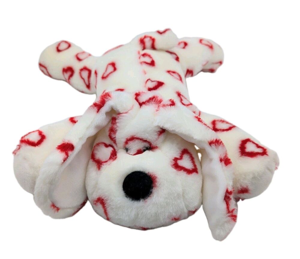 Fiesta Laying Floppy Dog Plush Stuffed Animal White Red Hearts Bean Bag 18"